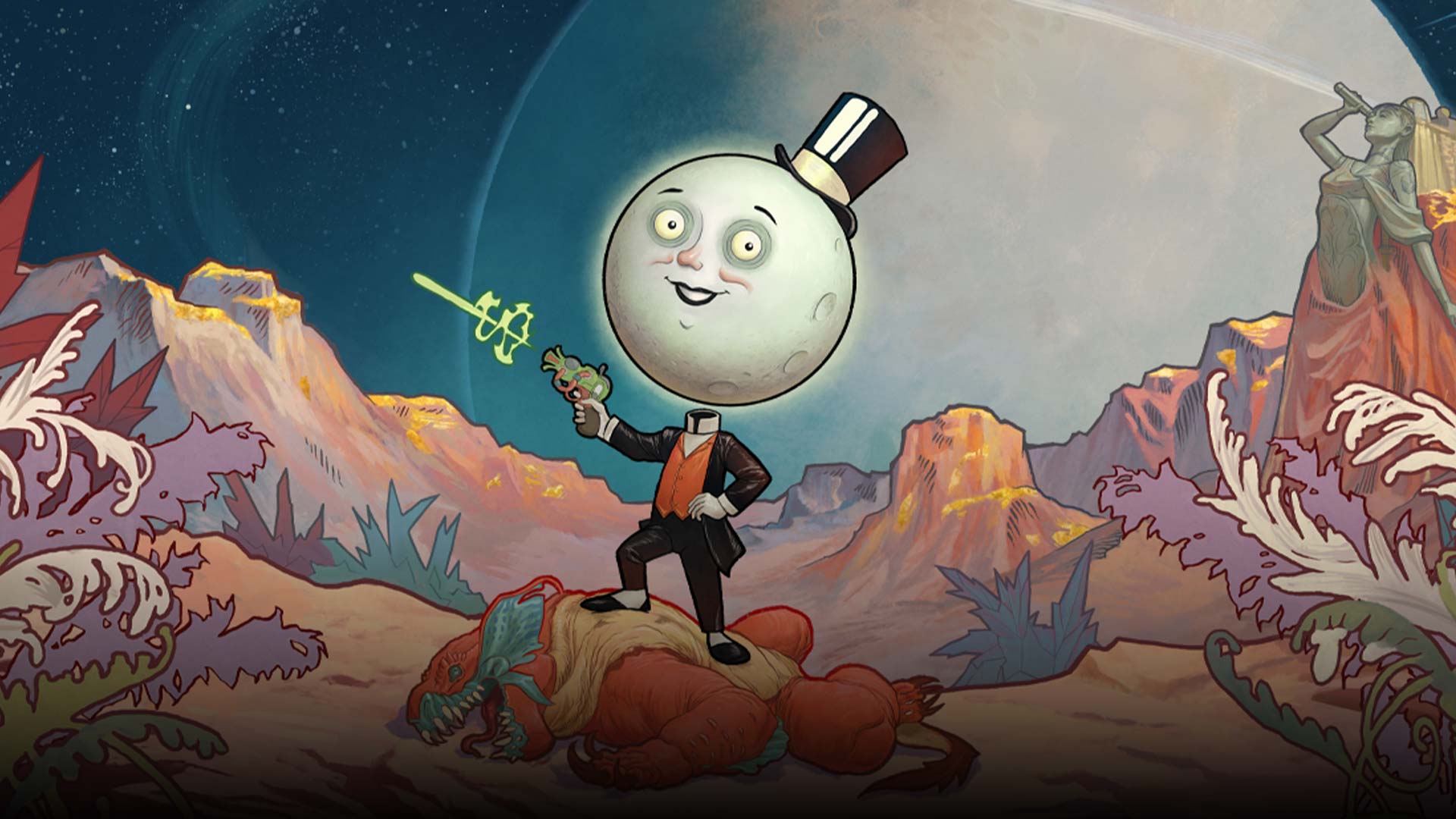 The Moon man standing on a monster while shooting a laser with large plants orbiting in the background.