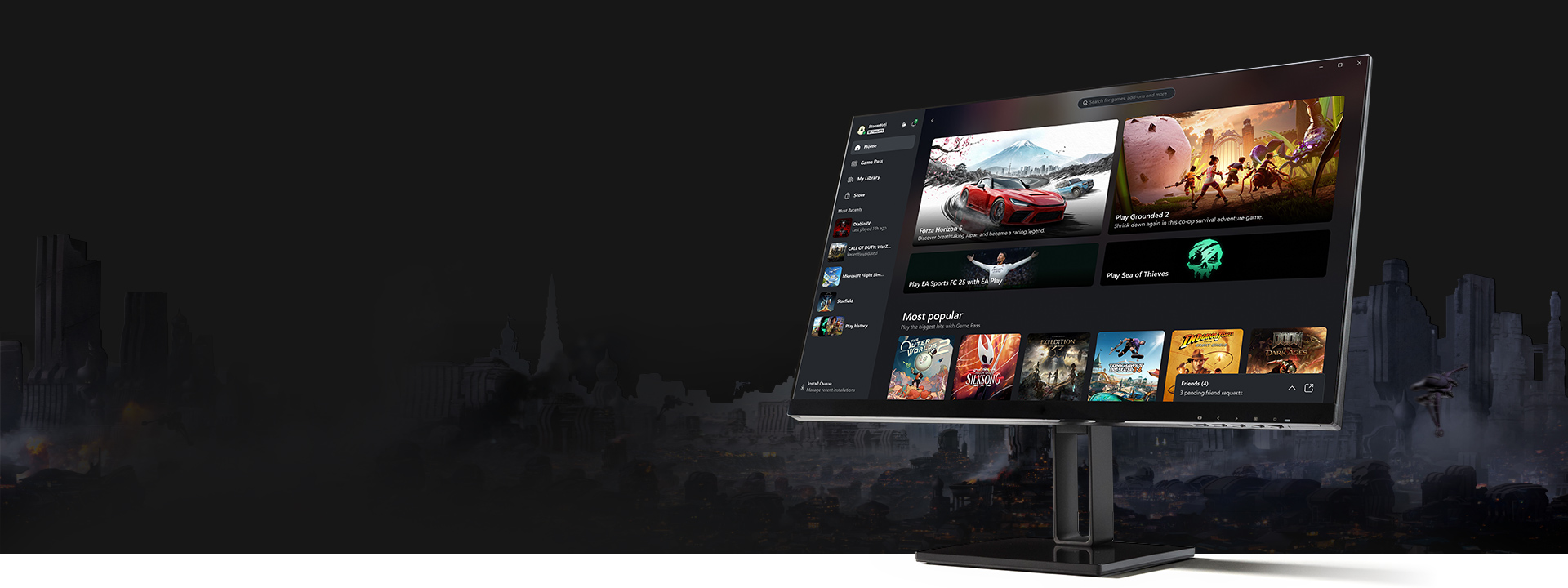 Computer monitor with the XBOX PC app user interface displayed