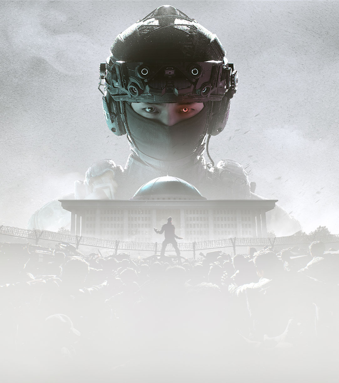 A special ops soldier with a glowing red eye appears in the sky above a man rallying a crowd to storm an official building behind a security fence.