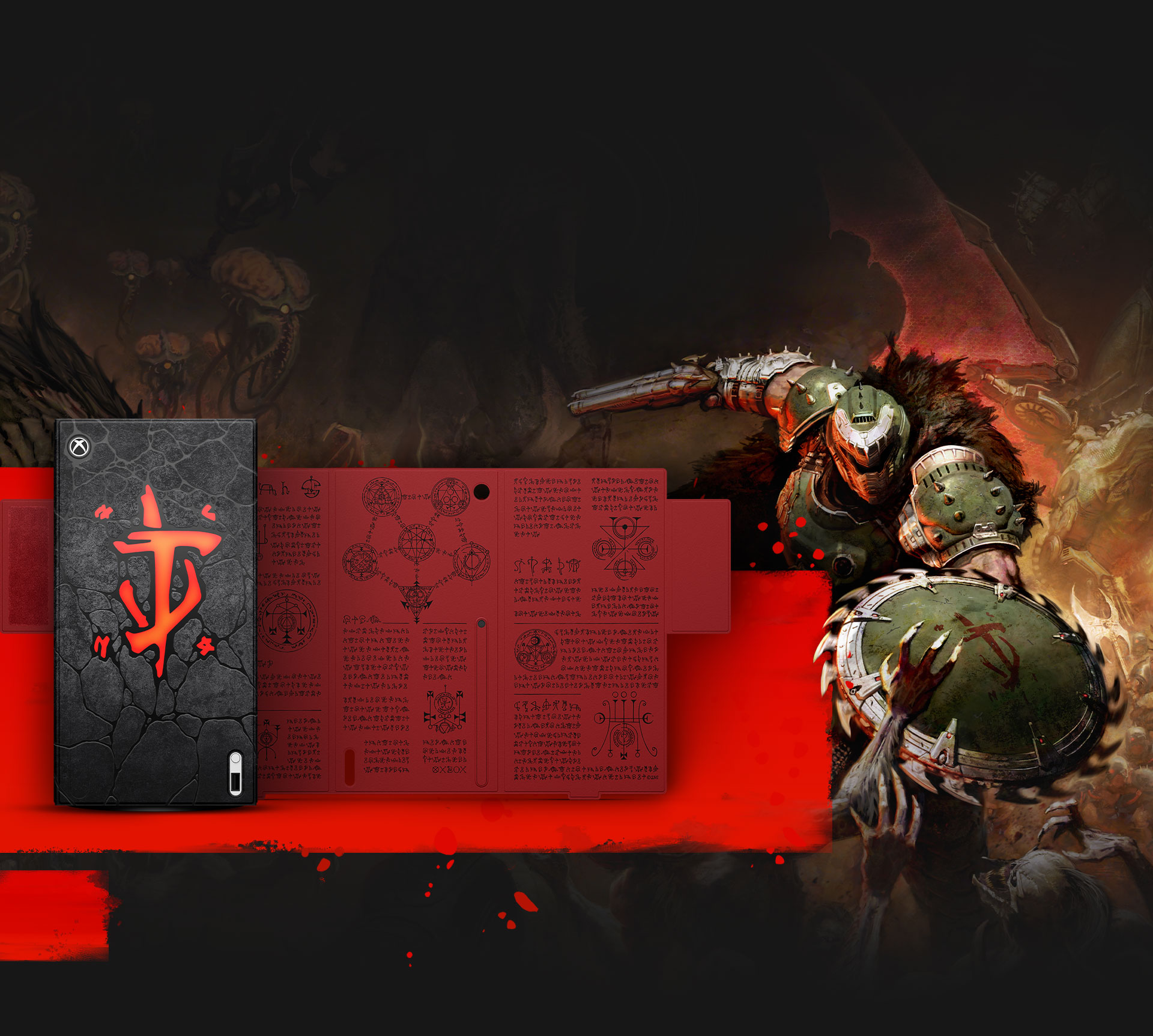 Front and inside views of the Xbox Series X Wrap – DOOM: The Dark Ages Limited Edition and the DOOM Slayer fighting off the demons of hell with a gun and a saw shield