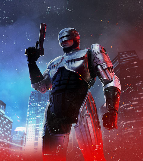 Robocop staat met zijn pistool in de aanslag voor een duistere metropool