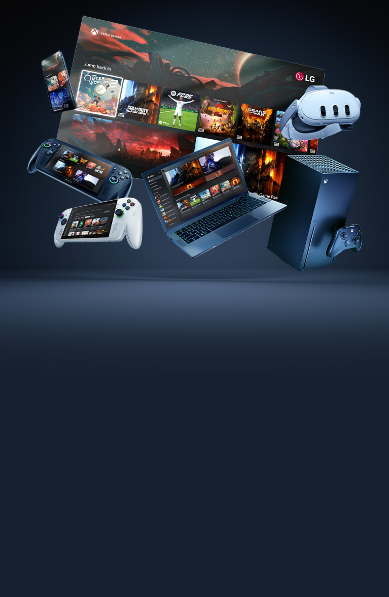 A group of devices including a mobile device, laptop, TV, Xbox Series X with controller, a handheld gaming device, and a VR headset.