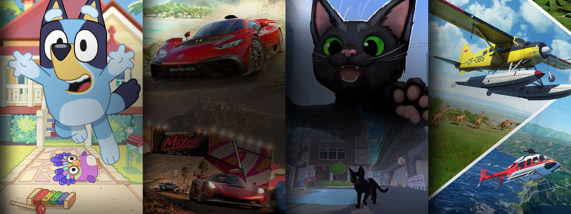 A selection of games available with Game Pass including Bluey, Forza Horizon 5, Little Kitty Big City and Microsoft Flight Simulator 2024.