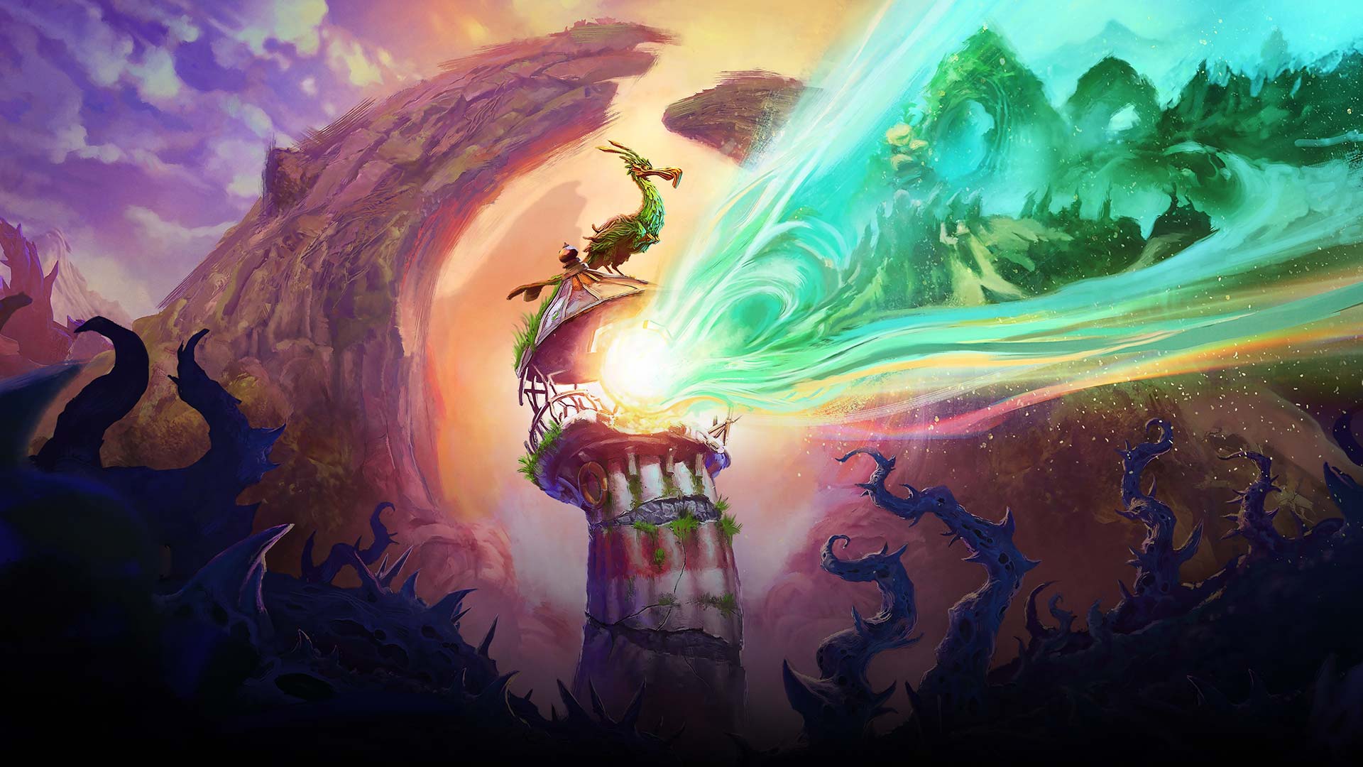 A bird is perched atop a lighthouse, the light casts a ray with an image of mysterious lands 