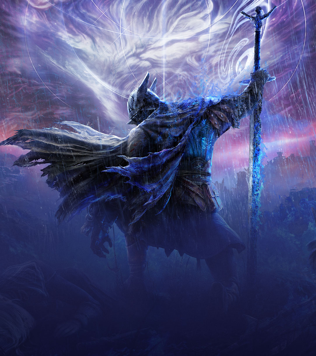 A cloaked figure kneeling in a storm weilding a staff. 