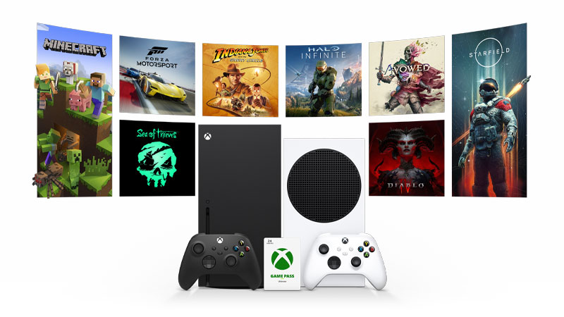 Xbox Series X and Xbox Series S with Game Pass Card, infront of Minecraft, Forza Motorsport, Sea of Thieves, Halo Infinite, Avowed, Diablo 4 and Starfield box shots