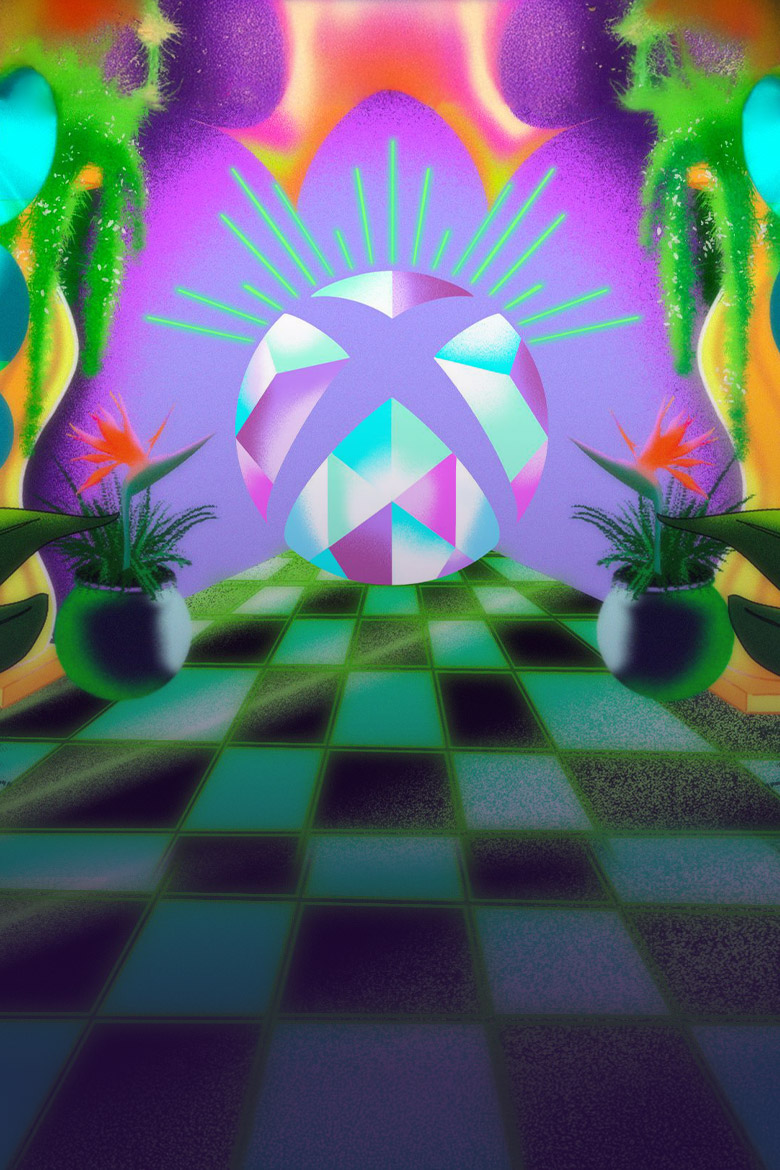 A diamond Xbox logo surrounded by bright colors and plants.