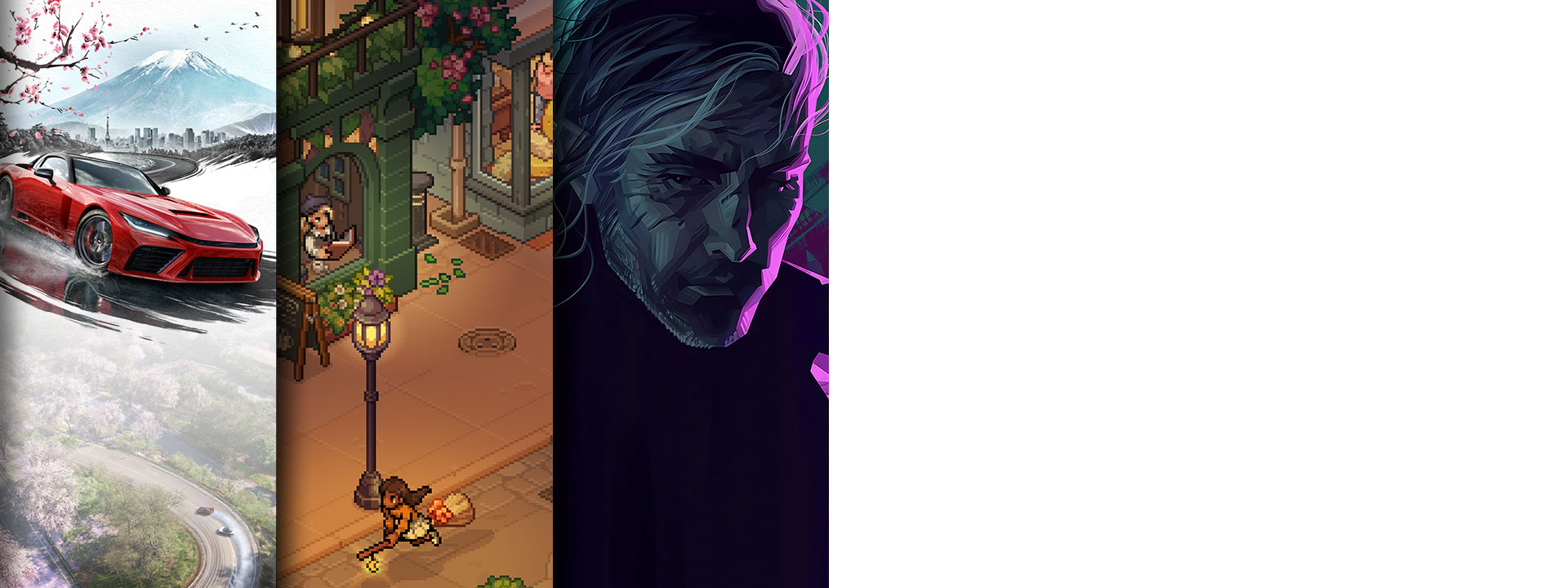 Game art from three titles arriving day one on Game Pass including Forza Horizon 6, Witchbrook, and REPLACED