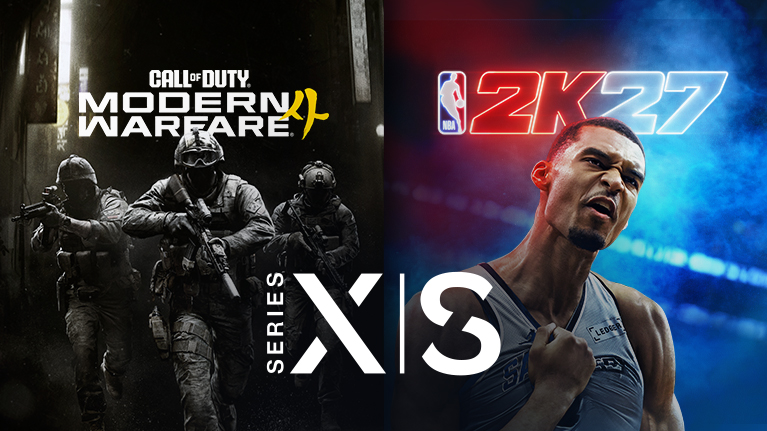 Logotyp för Call of Duty: Modern Warfare 4, tre karaktärer i taktisk utrustning med automatvapen går nerför en svagt upplyst gränd. Logotyp för NBA 2K27, närbild av Victor Wembanyama som bär en Spurs-tröja