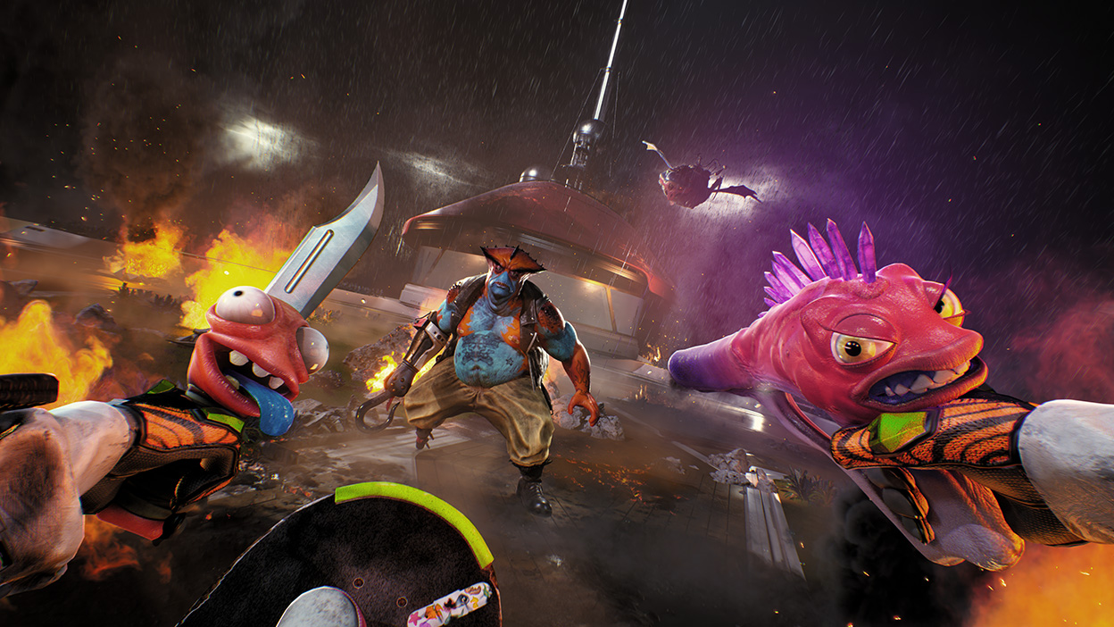 Knifey and Sweezy brace themselves as an alien with a hook approaches on a rainy night.