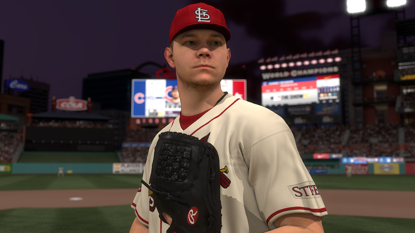 update main gallery with image: A St. Louis Cardinals player looking across the field with a baseball glove held to his chest.