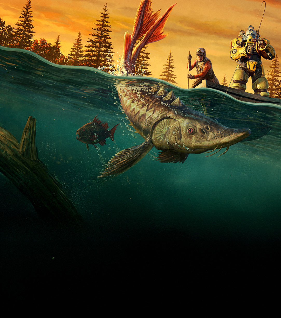 Two figures in a boat reel in a giant fish