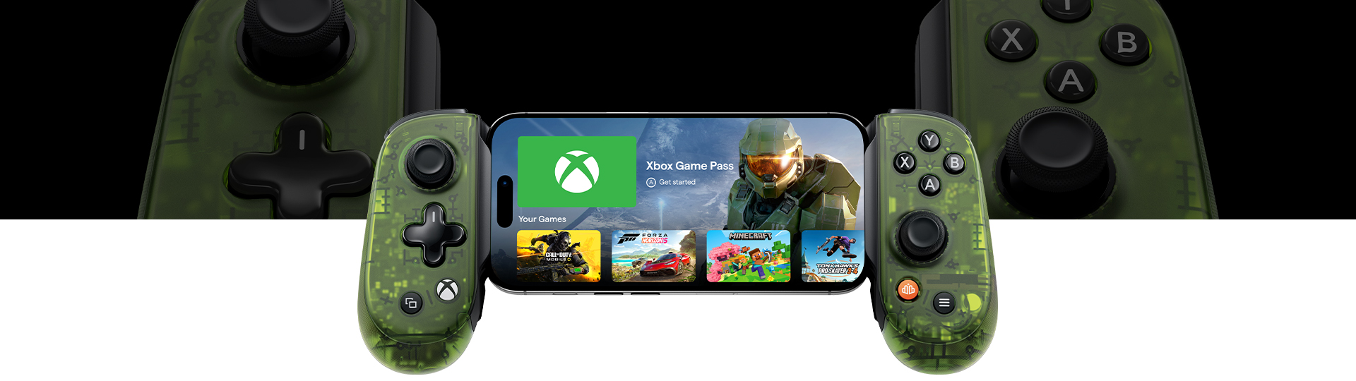 Backbone Pro – Xbox Edition home screen with Xbox Game Pass, Halo, Call of Duty Mobile, Forza Horizon 5, Minecraft, and Tony Hawk’s Pro Skater 3+4