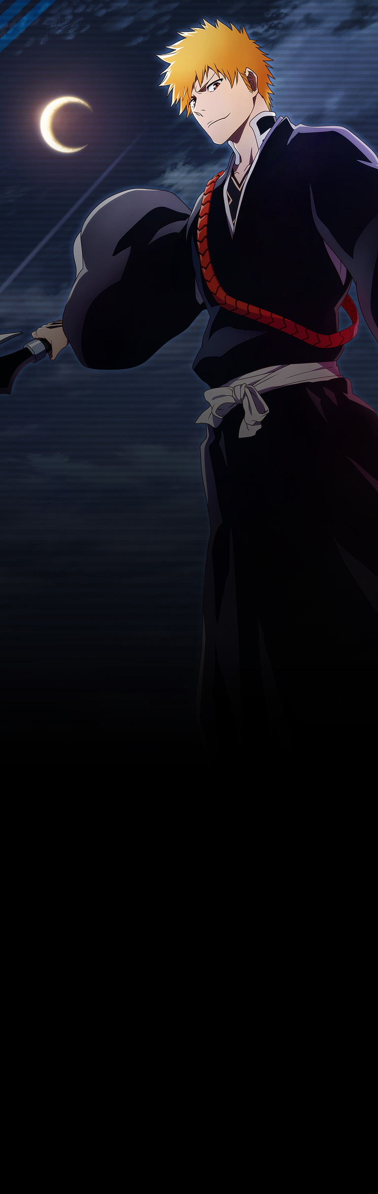 Ichigo swiping a sword under a crescent moon.