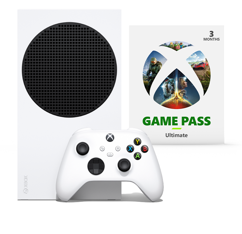 Xbox Series S med Robot White-handkontrollen och ett kort med texten Game Pass Ultimate