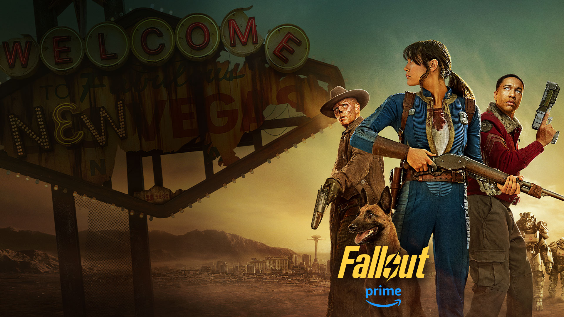 Fallout, Amazon Prime, The Ghoul, Dogmeat, Lucy, Maximus, with a crumbling Welcome to Las Vegas sign with Fallout written over it. 