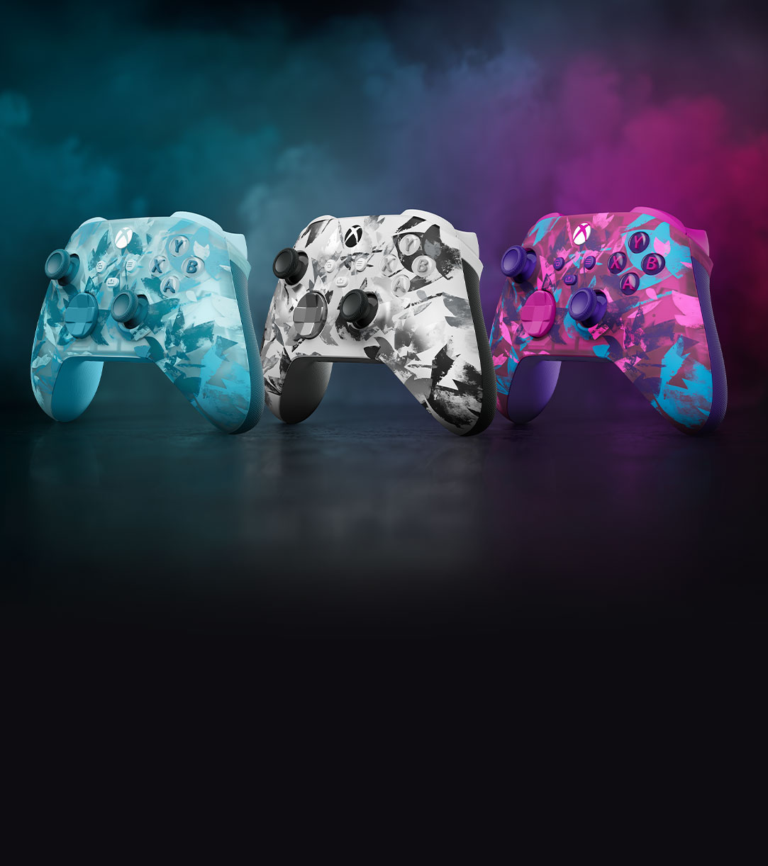 Left front angles of all three Breaker Special Edition Xbox Wireless Controllers in front of a colorful smokey background. 