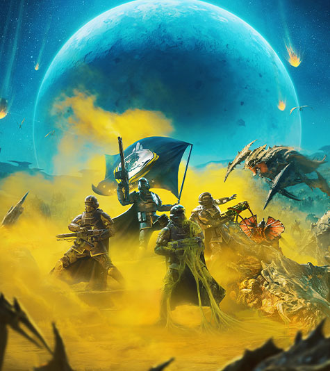 Four Helldivers fighting off a group of monsters with guns and flamethrowers. 