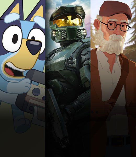 Game panels showing art from Bluey's Happy Snaps, Halo: Campaign Evolved, and Forever Ago.