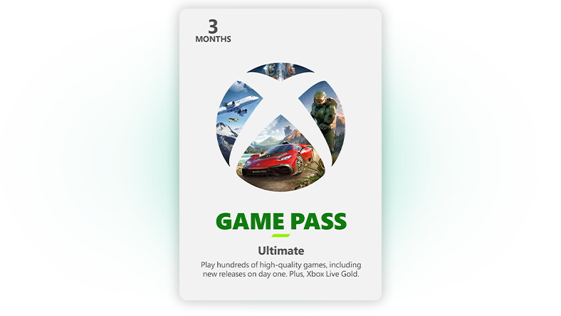 Game Pass Ultimate, 3 Months text on an Xbox Game Pass Ultimate gift card