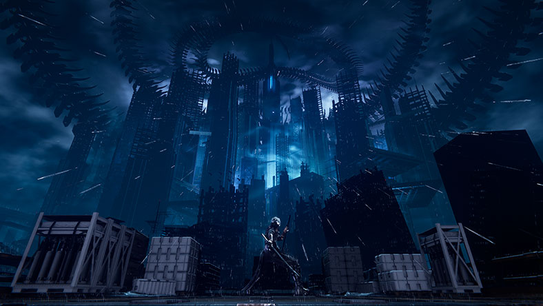 Hahmo lähestyy miekka vedettynä tummana häämöttävää kaupunkia.