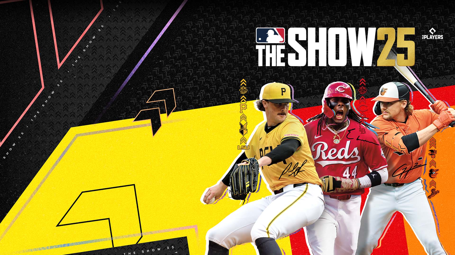 MLB the show 25 logo, Paul Skenes, Elly De La Cruz, and Gunnar Henderson collaged together in front of a colorful chevron pattern.