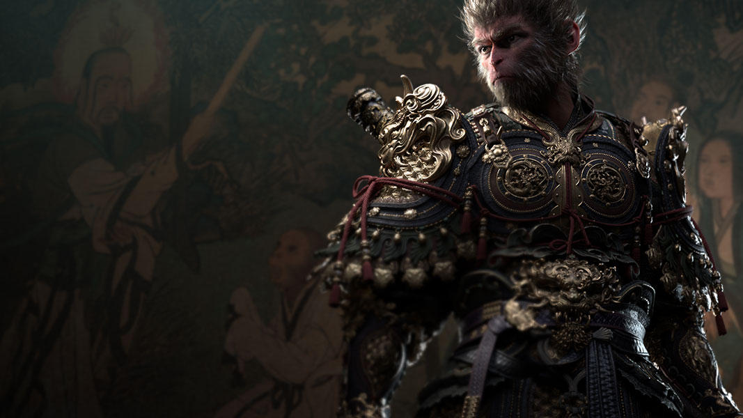 Wukong stands heroically infront of a mural of Master Puti