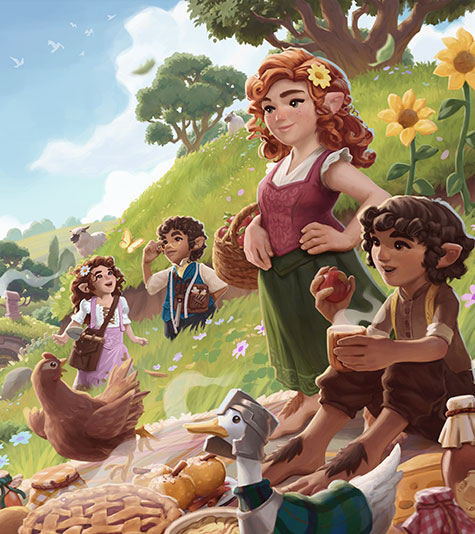 A valley in the Shire filled with Hobbit holes, a creek, and Hobbits in the field. 