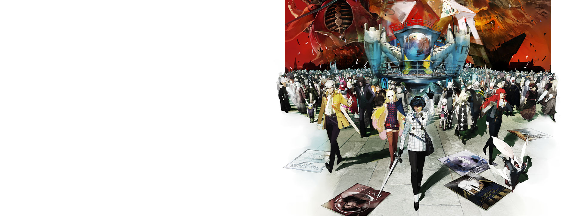 The protagonist walking with a large group of people while raising his pointer finger to the sky and holding a sword to the ground in his other hand.