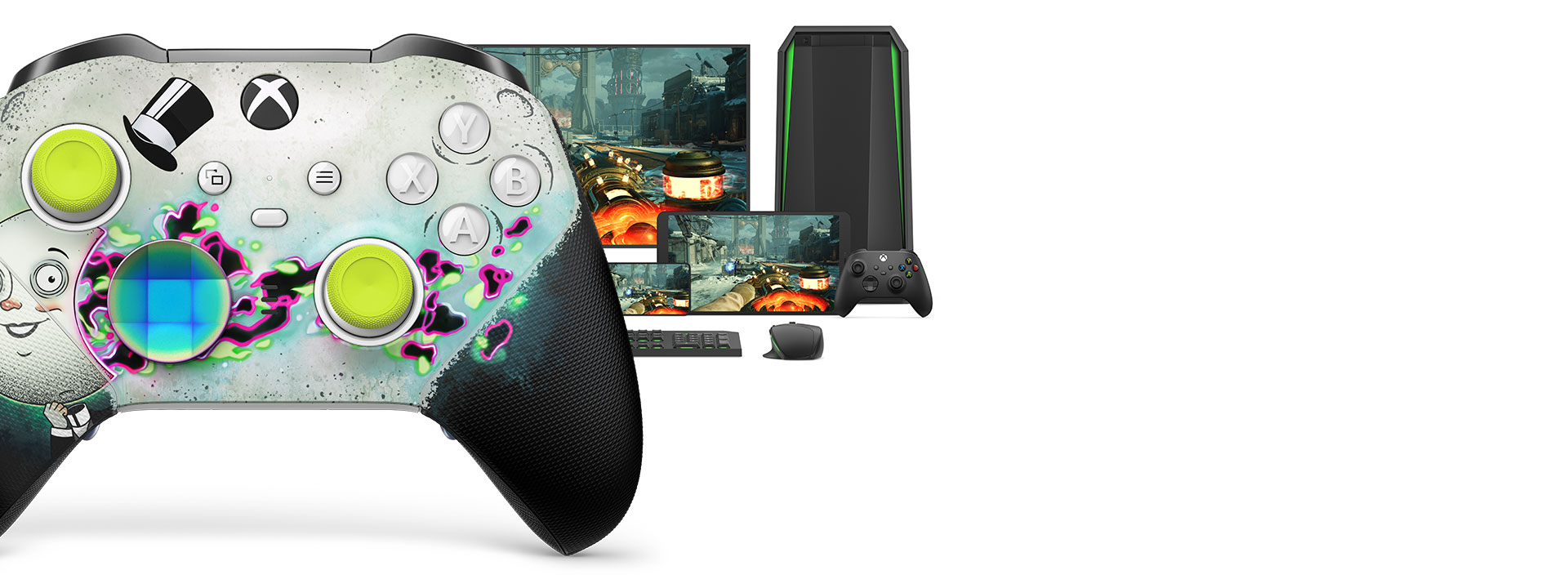 Manette sans fil Xbox Elite Series 2 – The Outer Worlds 2 avec un ordinateur, un téléviseur et une Xbox Series S