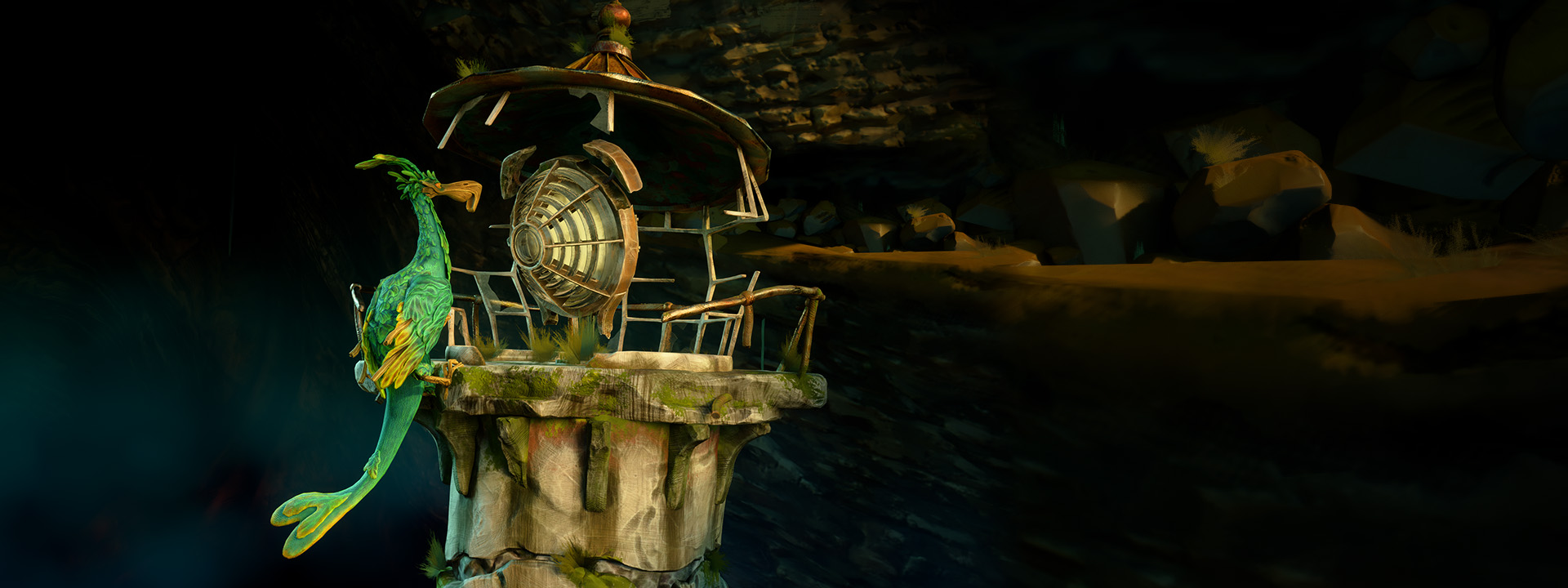 Un oiseau vert et jaune est assis sur le bord d'un phare et regarde dans la lumière.