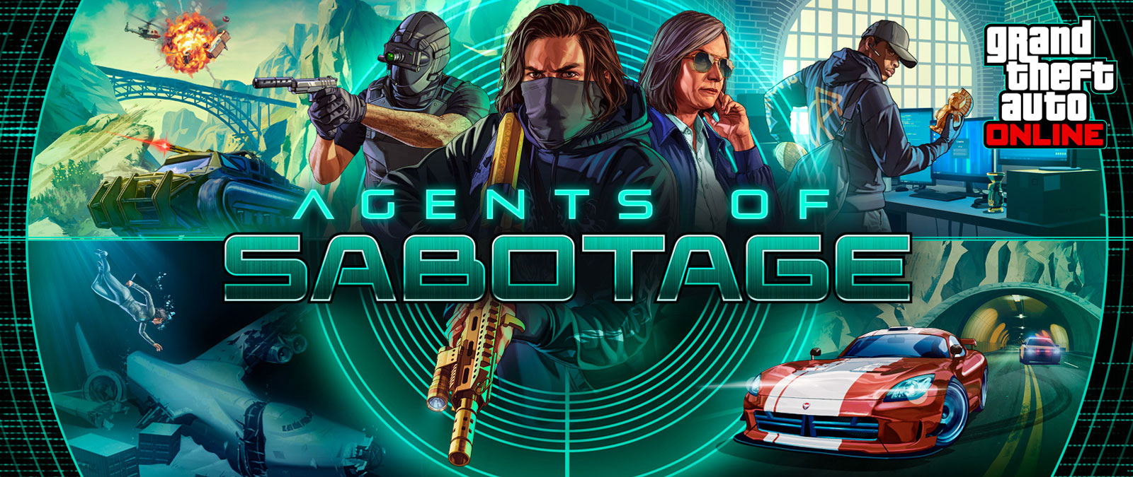 Grand Theft Auto Online, Agents of Sabotage, Three figures in spy gear stand at the center of a mosaic of action scenes.