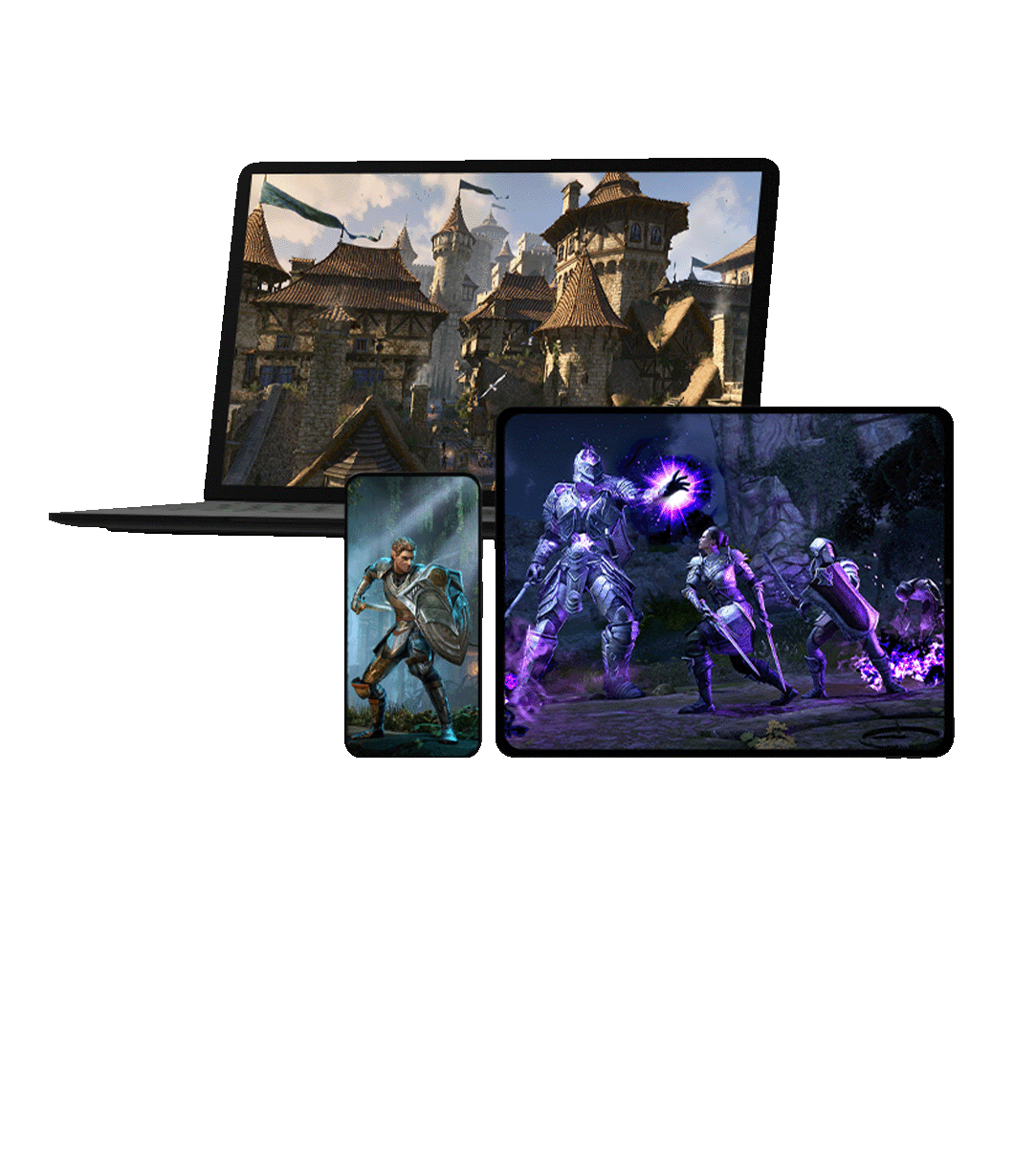 vista frontal de três monitores diferentes exibindo o gameplay de Elder Scrolls Online