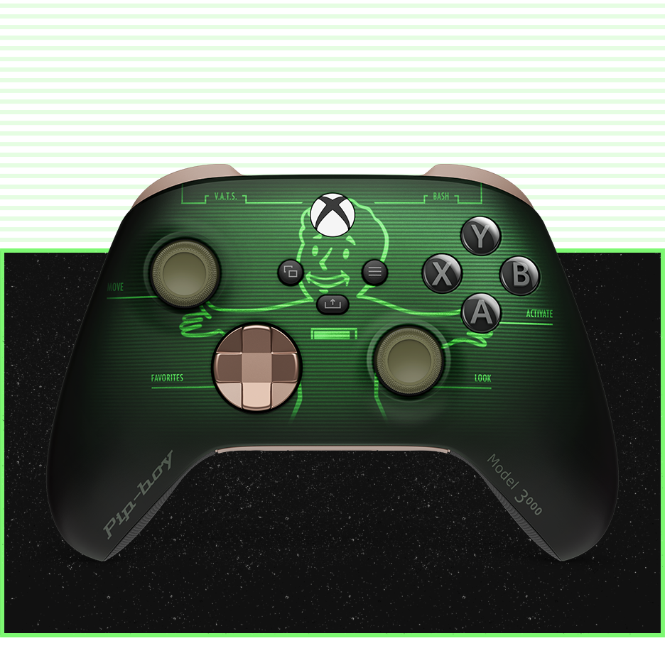 Front view of the customizable Xbox Wireless Controller – Fallout Pip-Boy