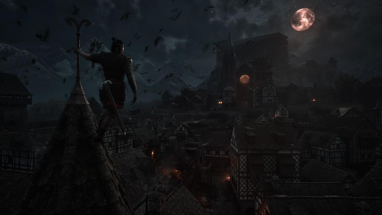 Coen stands on a turret overlooking a medieval village while bats fly towards a red moon