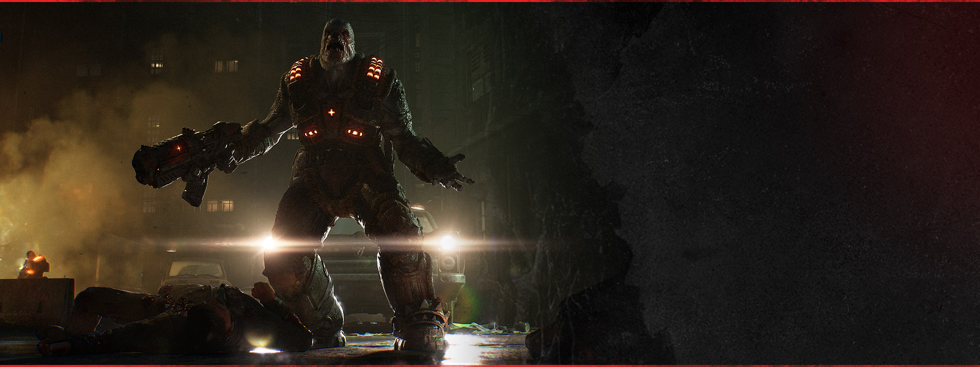Los faros de un vehículo iluminan un Boomer Locust.