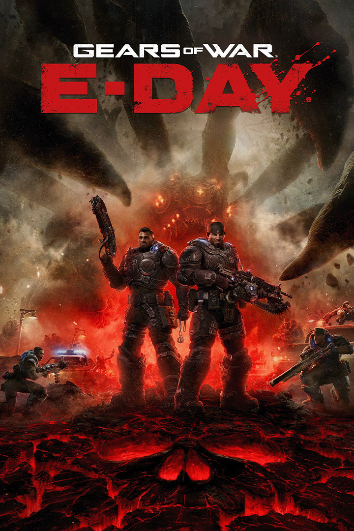 Logotyp för Gears of War: E-Day, Marcus och Dom håller i sina vapen medan kaoset på Emergence Day bryter ut bakom dem.