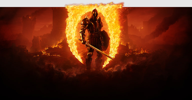 Un soldat en armure avec une épée et un bouclier debout devant une arche flamboyante avec un château en feu en arrière-plan.