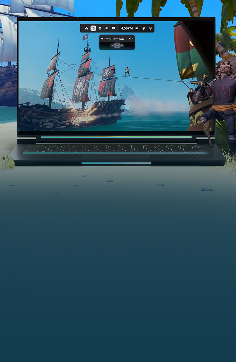 A tropical beach with palm trees and a laptop with Sea of Thieves gameplay.