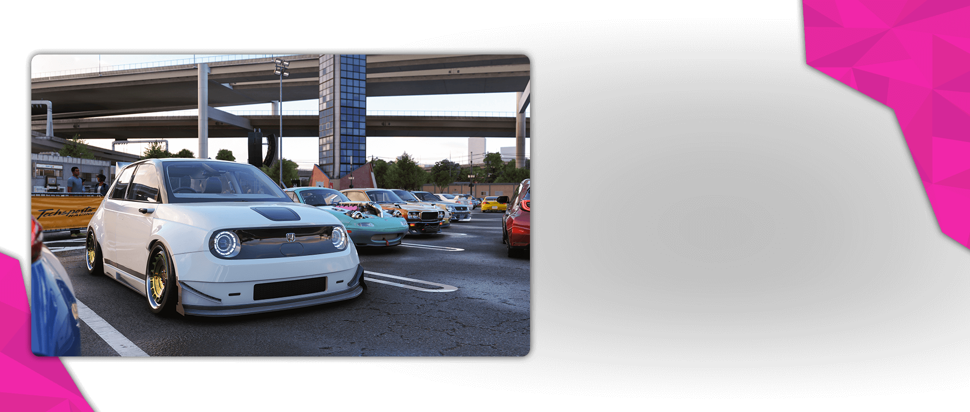 A white 2022 Honda e sits in a parking lot with other cars.