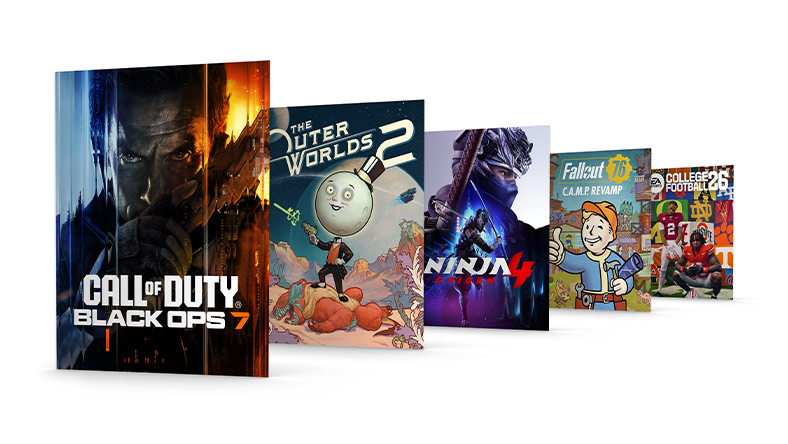 Imágenes de cajas de Call of Duty: Black Ops 7, The Outer Worlds 2, Ninja Gaiden 4, Fallout 76, and EA SPORTS College Football 26.
