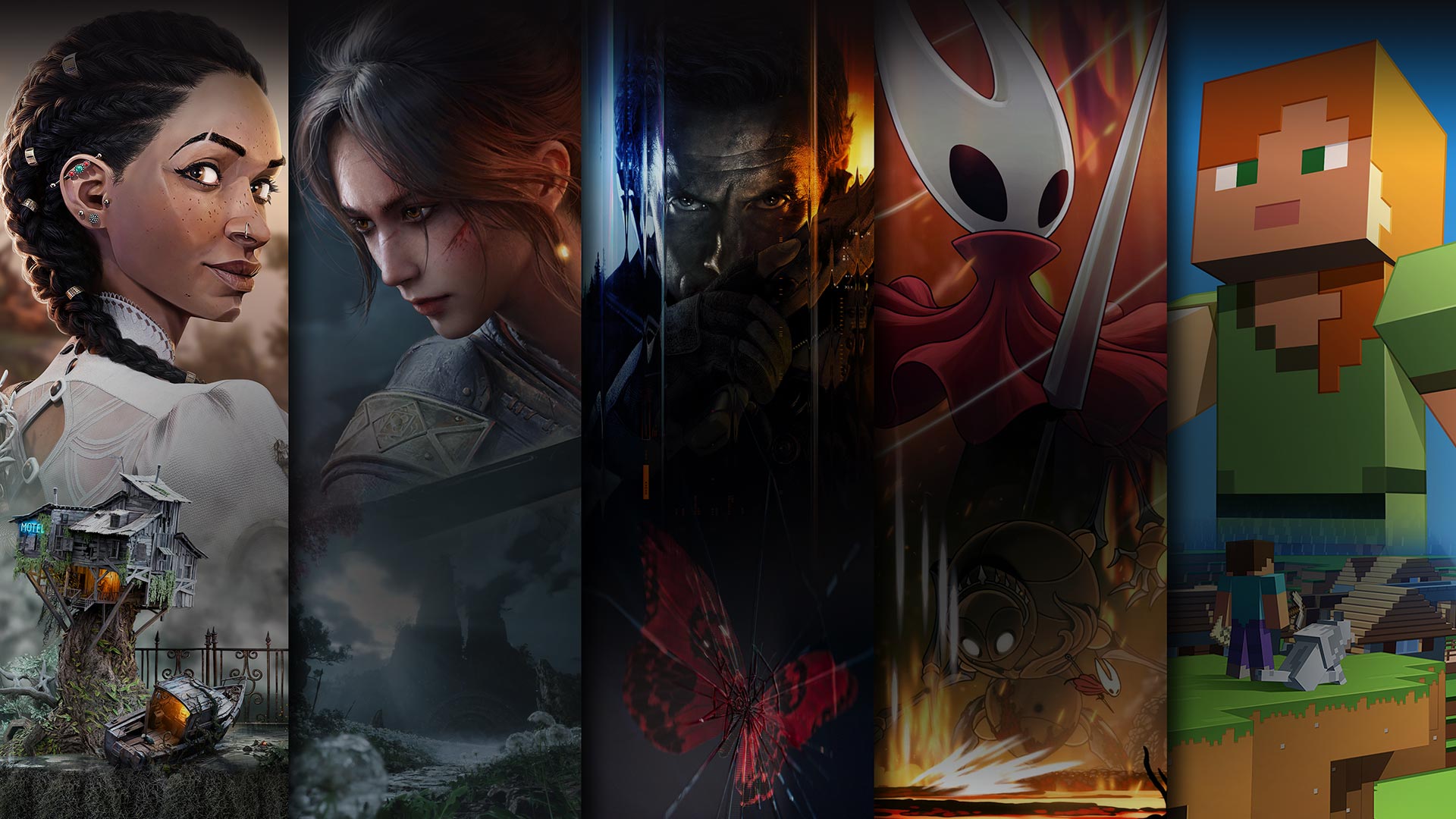 Xbox Game Pass でプレイできるさまざまなゲームのゲーム アート (『South of Midnight』、『Hollow Knight: Silksong』、『Call of Duty: Black Ops 7』、『Wuchang: Fallen Feathers』、『Minecraft』など)