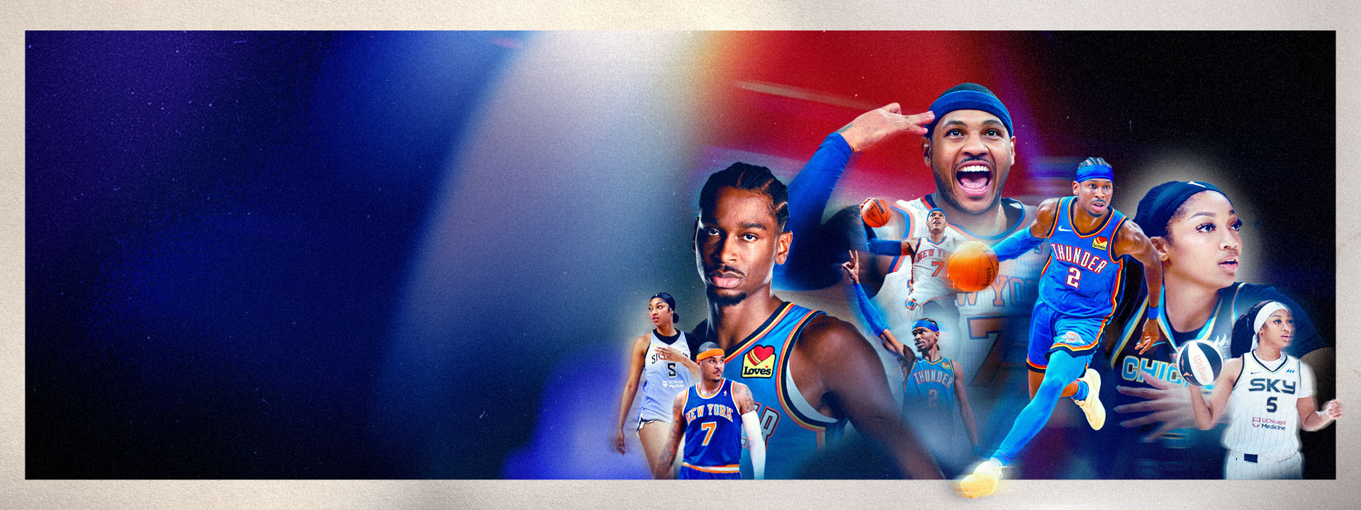 A collage of NBA and WNBA players, from left to right: Shai Gilgeous-Alexander, Carmelo Anthony, Angel Reese. 