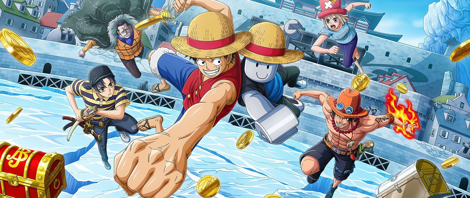A Roblox character jumping over water with characters from the one piece anime as treasure falls from the sky.