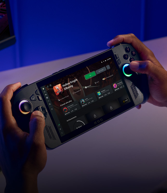 The ROG Xbox Ally X behind held by a pair of hands with the Xbox app displayed.