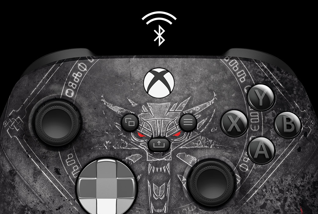 Close-up centered view of the Xbox Elite Wireless Controller Series 2 – Core The Witcher 3 10th Anniversary Special Edition featuring a Bluetooth logo