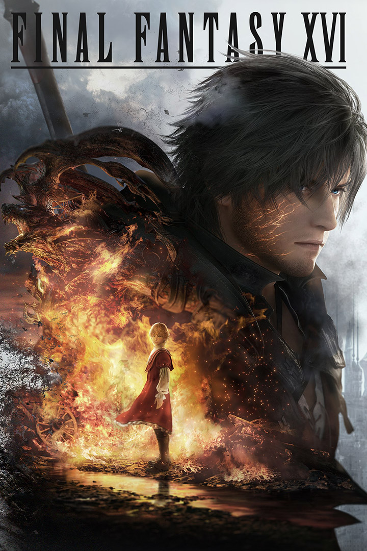 Final Fantasy XVI logo, A collage of Clive Rosfield and his brother Joshua standing in a cloud of flames.