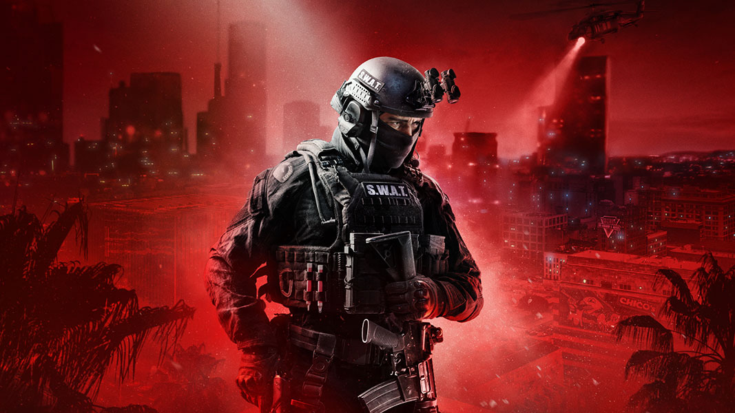A well equipped SWAT officer with a red scale city in the background. 