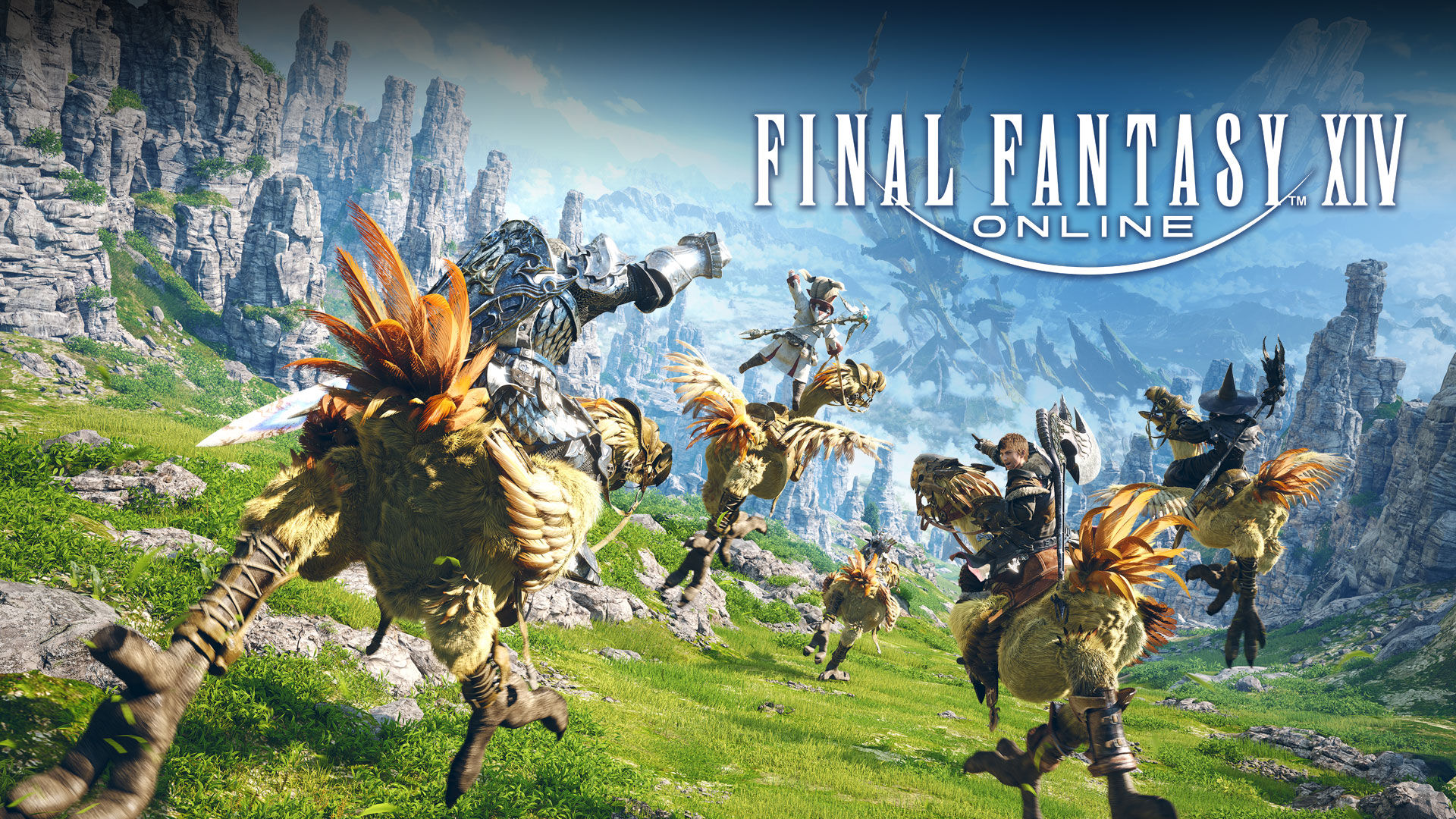 Final Fantasy XIV Online Logo, piątka postaci przemierzająca trawiastą dolinę na grzbiecie ptaków chocobo 