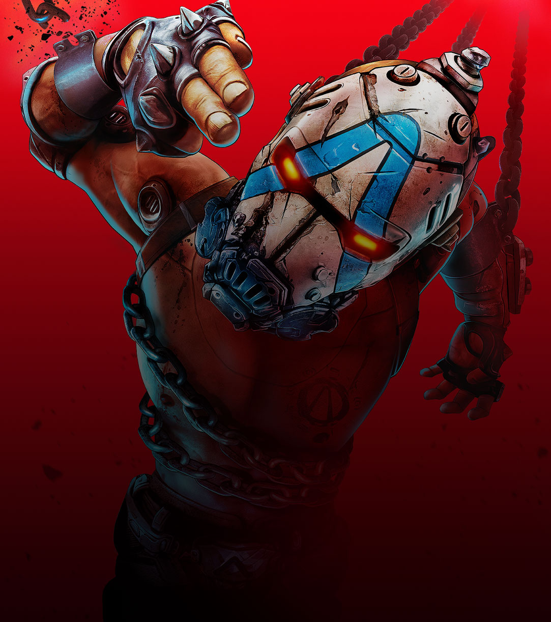 A chained-up Borderlands Psycho makes a gun pose with his right hand against a bright red background.